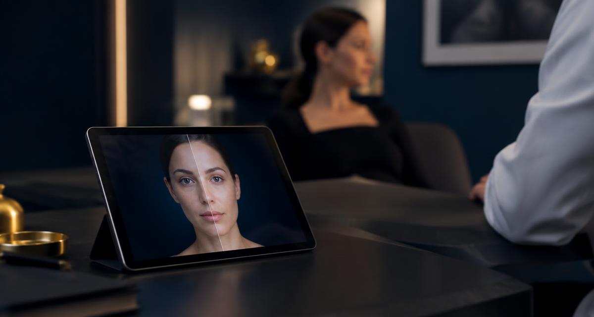 Tablet in einem Beratungsraum einer Klinik, das eine Vorher-Nachher-Gesichtsvorschau im Split-Screen zeigt