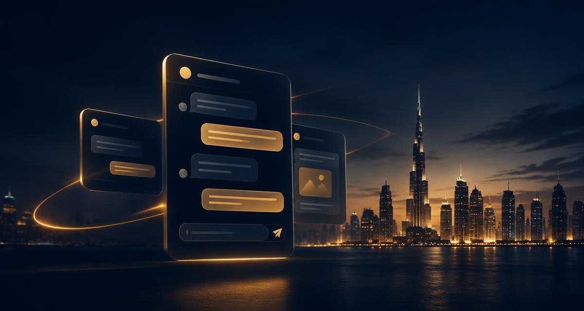 Panneaux d'interface de chat abstraits et lumineux au-dessus de la ligne d'horizon de Dubaï au crépuscule