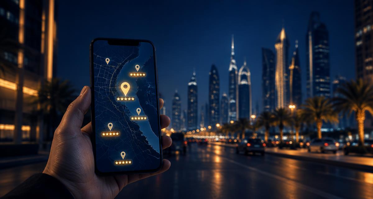 Téléphone affichant une carte avec des repères lumineux et des notes par étoiles, devant une rue animée du Golfe la nuit