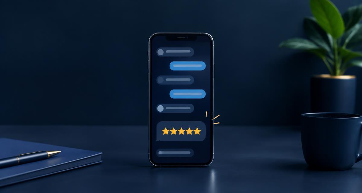 Smartphone affichant une conversation avec une note de cinq étoiles dorées sur un bureau sombre